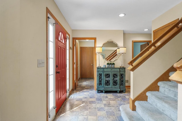 4140 W Lakeview Dr, Franklin, WI 53132 - foyer featuring stairway, stone finish floors, and recessed lighting