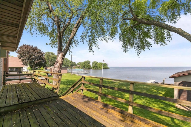 6352 Black Wolf Point Ln, Oshkosh, WI 54902 - wooden terrace with a water view and a yard