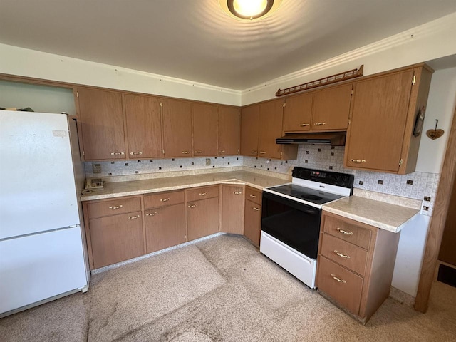 317 Reed St, Chilton, WI 53014 - kitchen with electric range oven, freestanding refrigerator, under cabinet range hood, light countertops, and decorative backsplash