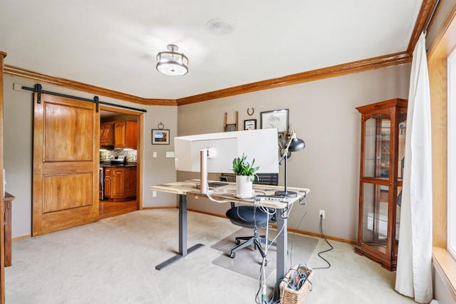 W151N10146 W Windsong Cir, Germantown, WI 53022 - office area with light colored carpet, ornamental molding, and a barn door