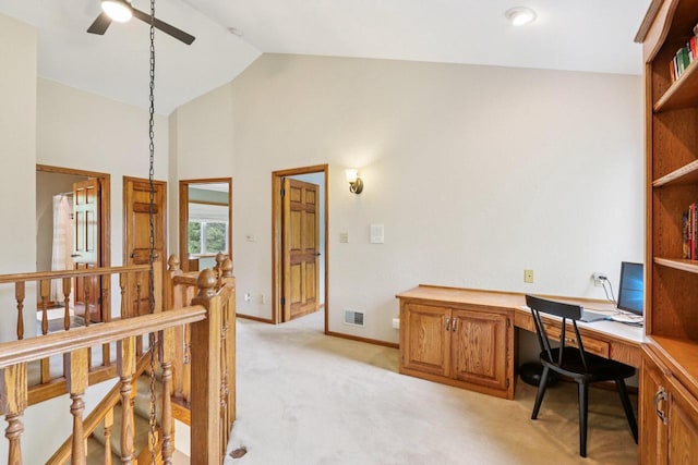 W151N10146 W Windsong Cir, Germantown, WI 53022 - office space featuring light carpet, ceiling fan, high vaulted ceiling, and built in study area