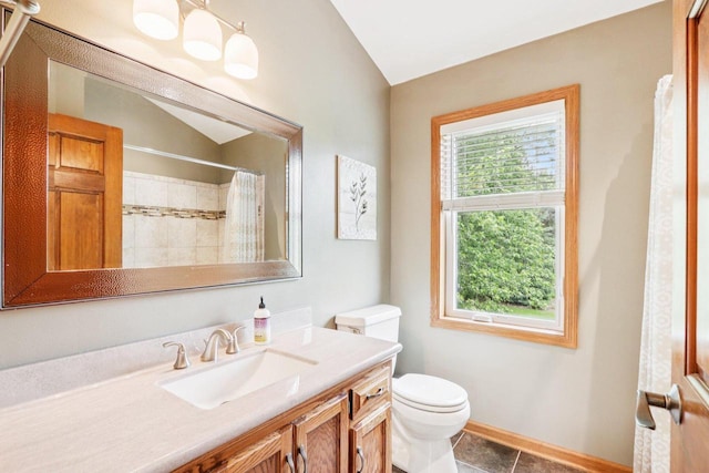 W151N10146 W Windsong Cir, Germantown, WI 53022 - bathroom featuring vanity, vaulted ceiling, tile patterned floors, and a shower with curtain