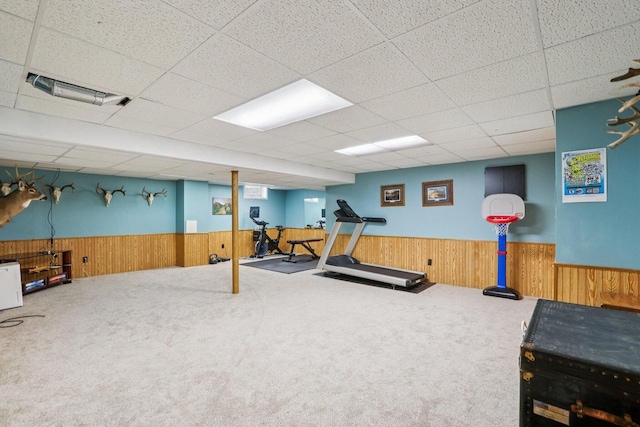 W151N10146 W Windsong Cir, Germantown, WI 53022 - exercise room with wainscoting, wood walls, carpet flooring, and a drop ceiling