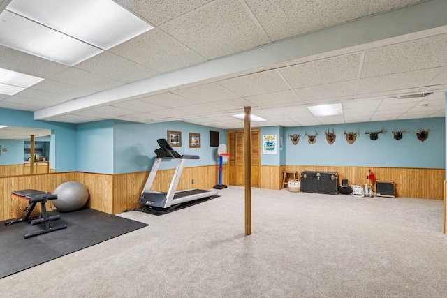 W151N10146 W Windsong Cir, Germantown, WI 53022 - exercise room featuring wainscoting, wood walls, carpet flooring, and a drop ceiling