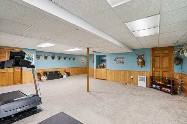 W151N10146 W Windsong Cir, Germantown, WI 53022 - exercise room with wainscoting, a drop ceiling, carpet, and wooden walls