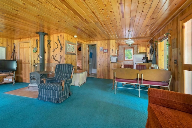 N14066 Squaw Creek Rd, Wausaukee, WI 54177 - carpeted living area with a wood stove, wood walls, and wood ceiling
