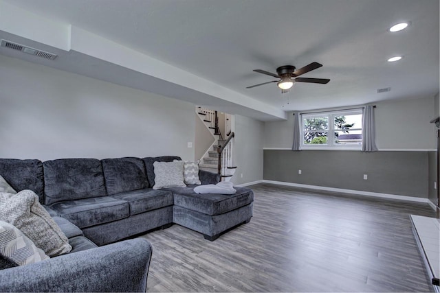 324 Nancy Ln, Pulaski, WI 54162 - living room featuring ceiling fan, wood finished floors, stairway, and recessed lighting