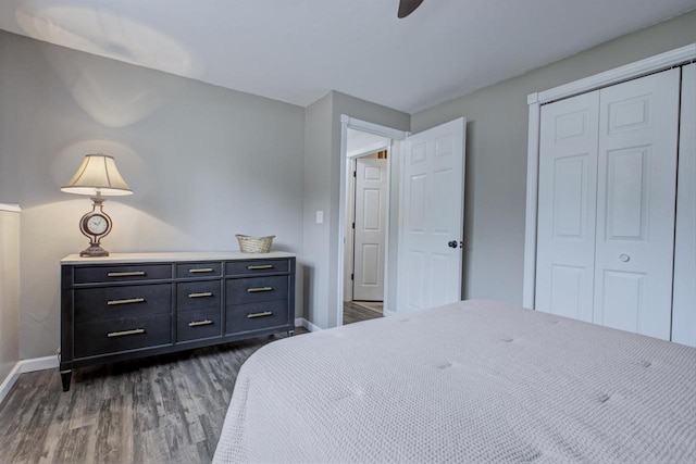324 Nancy Ln, Pulaski, WI 54162 - bedroom with dark wood-style floors, a closet, and a ceiling fan