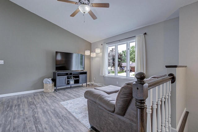 324 Nancy Ln, Pulaski, WI 54162 - living area featuring wood finished floors, ceiling fan, and high vaulted ceiling