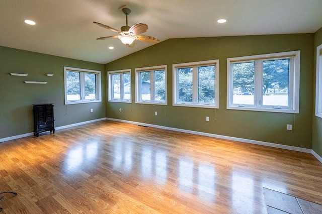 3424 Geneva Ln, La Crosse, WI 54601 - empty room with a ceiling fan, vaulted ceiling, light wood-type flooring, and recessed lighting