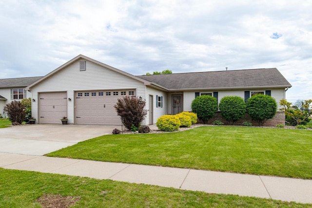 217 Lemongrass Way, Kaukauna, WI 54130 - ranch-style home featuring a garage, driveway, a front lawn, and roof with shingles