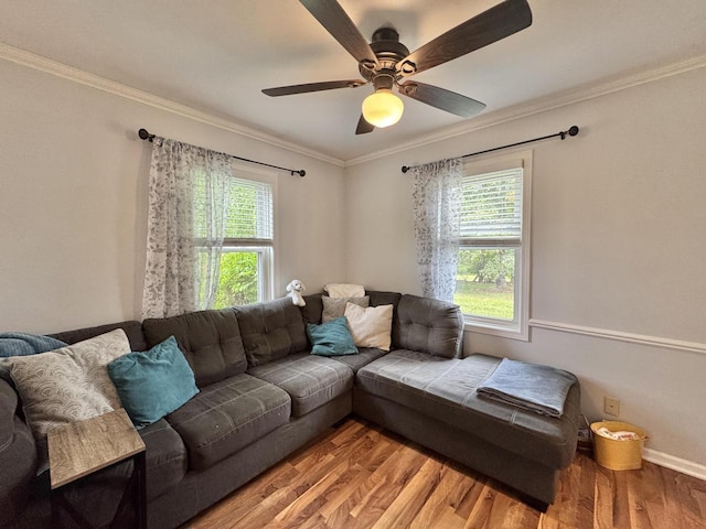 501 Hartridge Dr, Hartland, WI 53029 - living area featuring healthy amount of natural light, light wood finished floors, ornamental molding, and ceiling fan