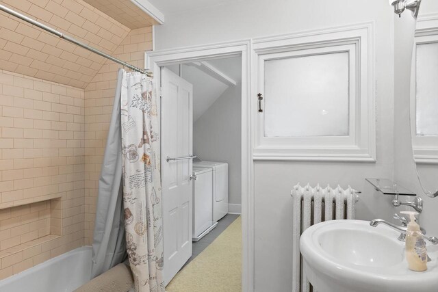 204 E Huron St, Berlin, WI 54923 - full bath with washing machine and dryer, shower / bath combination with curtain, and radiator