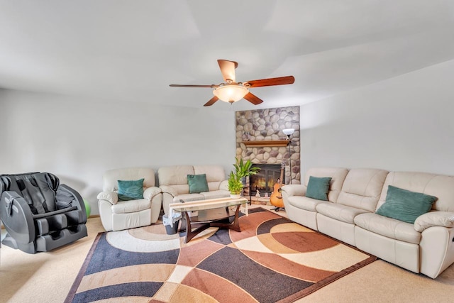5542 W Jerelyn Pl, Milwaukee, WI 53219 - living room with carpet flooring, a ceiling fan, and a fireplace