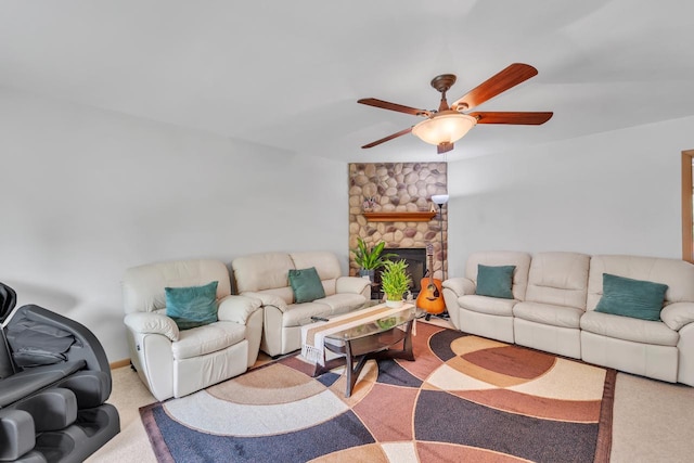 5542 W Jerelyn Pl, Milwaukee, WI 53219 - living area with ceiling fan, carpet flooring, and a fireplace