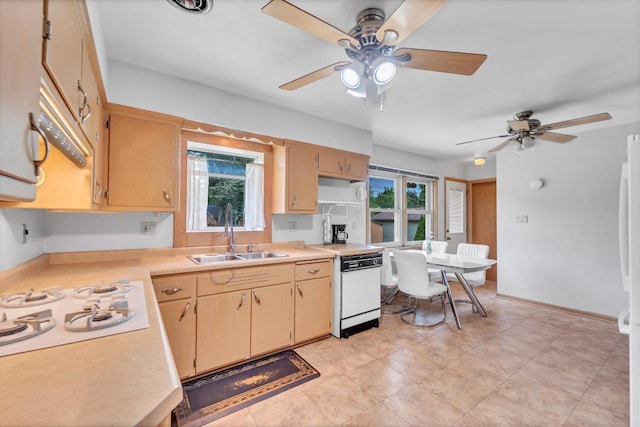 5542 W Jerelyn Pl, Milwaukee, WI 53219 - kitchen with white appliances, ceiling fan, and healthy amount of natural light