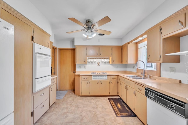 5542 W Jerelyn Pl, Milwaukee, WI 53219 - kitchen featuring white appliances, a warming drawer, a ceiling fan, and light countertops