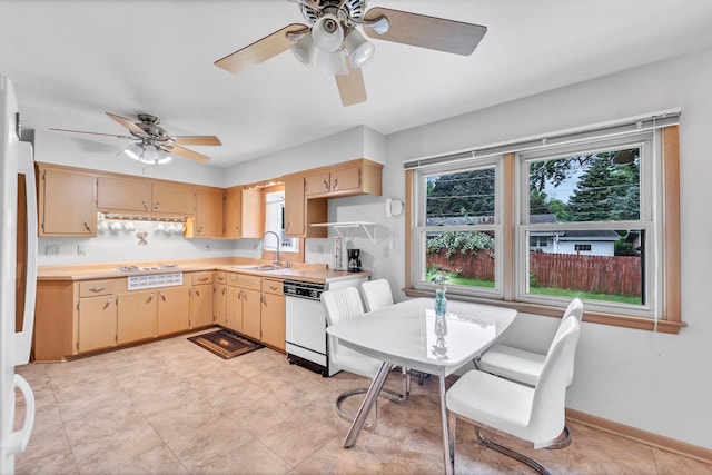 5542 W Jerelyn Pl, Milwaukee, WI 53219 - kitchen with light countertops, a ceiling fan, and white appliances