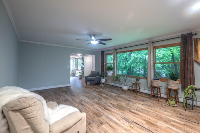 1718 N 13th St, Wausau, WI 54403 - living room featuring crown molding, wood finished floors, and ceiling fan