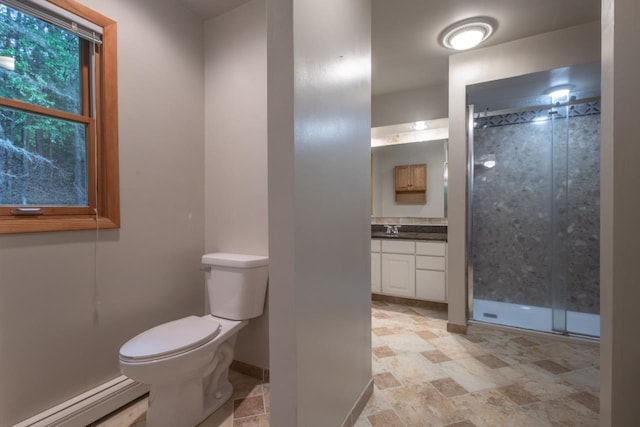 1718 N 13th St, Wausau, WI 54403 - full bath featuring a baseboard radiator, vanity, and a shower stall