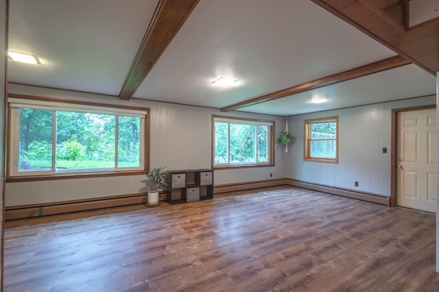1718 N 13th St, Wausau, WI 54403 - empty room with a baseboard radiator, beamed ceiling, wood finished floors, and a baseboard heating unit