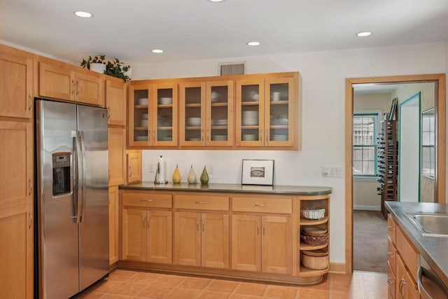 5961 N Lake Dr, Whitefish Bay, WI 53217 - kitchen featuring stainless steel fridge with ice dispenser, dishwasher, glass insert cabinets, recessed lighting, and dark countertops