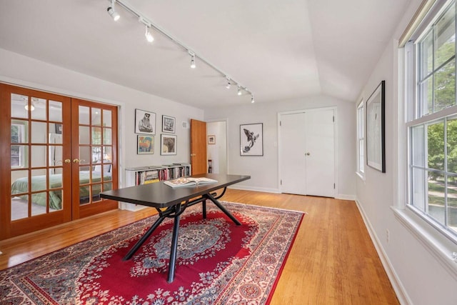 5961 N Lake Dr, Whitefish Bay, WI 53217 - game room with track lighting, french doors, light wood-style floors, and vaulted ceiling