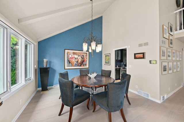 9125 N Briarwood Ct, Bayside, WI 53217 - dining room with a chandelier, light wood finished floors, beam ceiling, and high vaulted ceiling