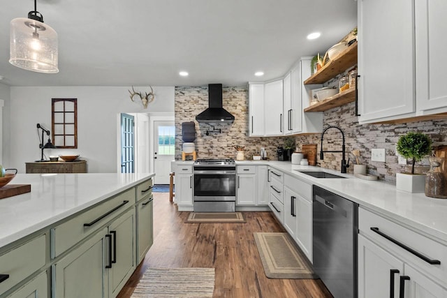 N6965 Thede Rd, Black Creek, WI 54106 - kitchen featuring stainless steel appliances, wall chimney exhaust hood, green cabinetry, open shelves, and light countertops