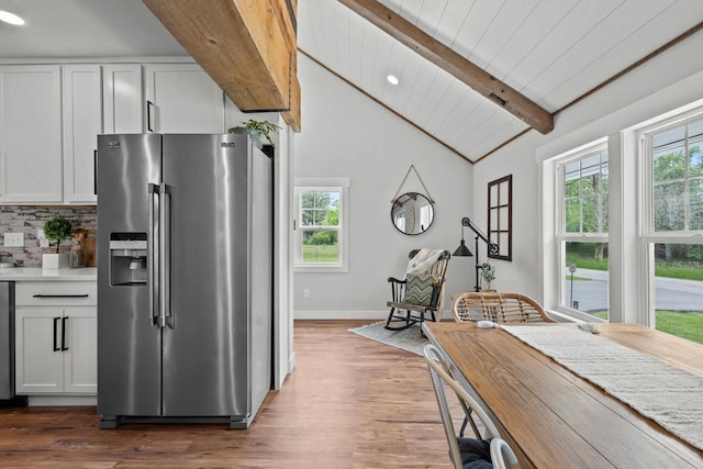 N6965 Thede Rd, Black Creek, WI 54106 - kitchen with stainless steel refrigerator with ice dispenser, wood finished floors, backsplash, light countertops, and recessed lighting
