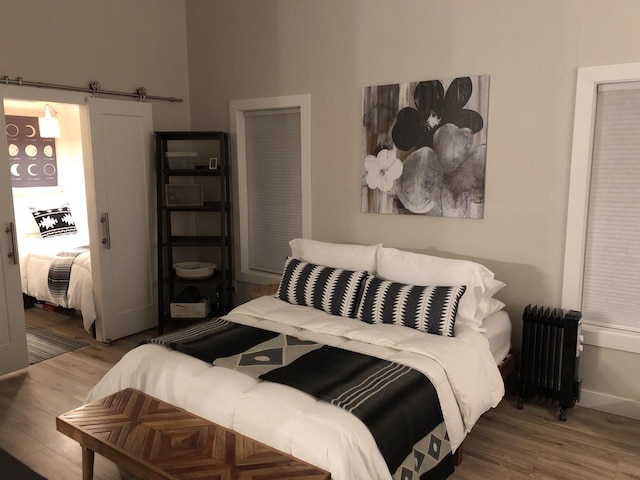 N4857 Oak Valley Ln, Elroy, WI 53929 - bedroom featuring radiator, wood finished floors, and a barn door