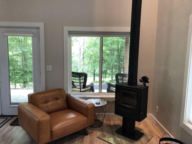 N4857 Oak Valley Ln, Elroy, WI 53929 - living area with a wood stove and wood finished floors