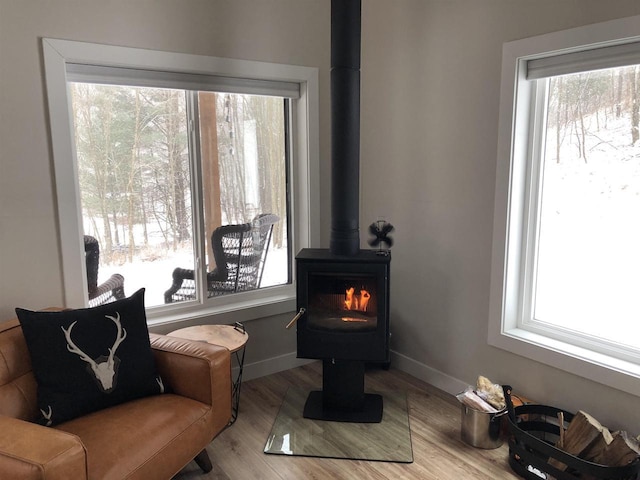 N4857 Oak Valley Ln, Elroy, WI 53929 - living area featuring a wood stove and wood finished floors