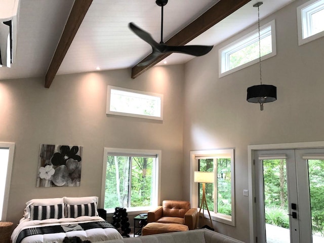 N4857 Oak Valley Ln, Elroy, WI 53929 - living room featuring a high ceiling, beam ceiling, and a ceiling fan