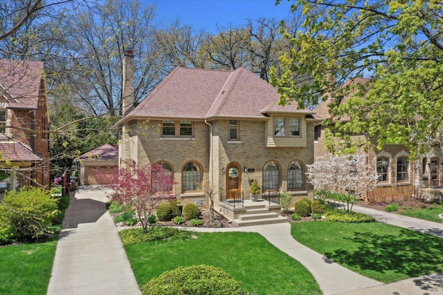 4765 N Woodburn St, Whitefish Bay, WI 53211 - view of front facade featuring a chimney, a front yard, and brick siding
