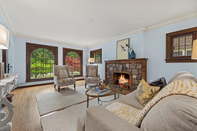 4765 N Woodburn St, Whitefish Bay, WI 53211 - living room featuring crown molding, light wood finished floors, baseboard heating, and a stone fireplace