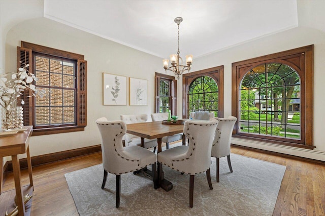 4765 N Woodburn St, Whitefish Bay, WI 53211 - dining area with a chandelier, wood finished floors, and a baseboard radiator