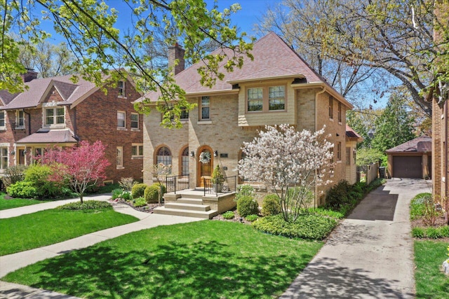 4765 N Woodburn St, Whitefish Bay, WI 53211 - view of front facade featuring a chimney, brick siding, a front lawn, a detached garage, and an outbuilding