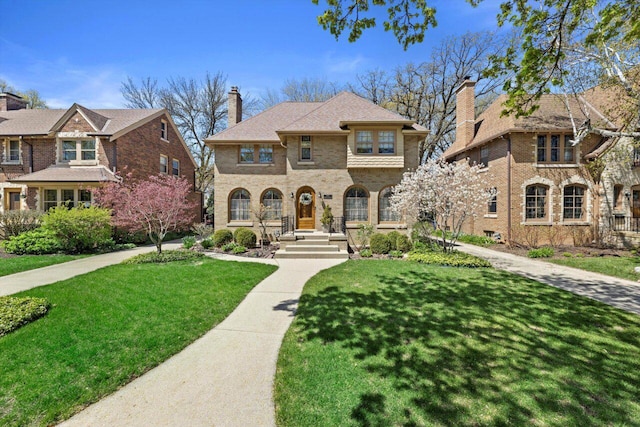 4765 N Woodburn St, Whitefish Bay, WI 53211 - view of front facade with a front yard, a chimney, and brick siding
