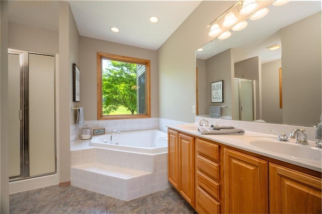 2193 County Road C, New Richmond, WI 54017 - full bathroom with a shower stall, double vanity, a bath, tile patterned flooring, and recessed lighting