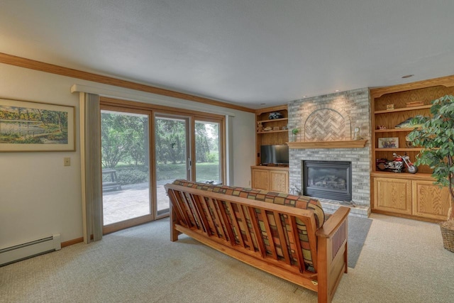 627 W Wisconsin St, Palmyra, WI 53156 - living room with carpet floors, a baseboard heating unit, a brick fireplace, built in features, and ornamental molding