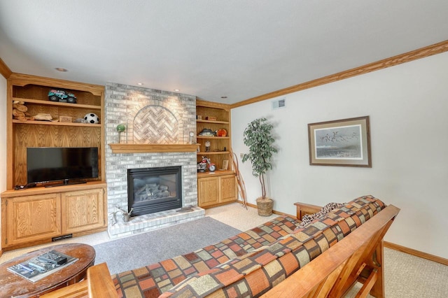 627 W Wisconsin St, Palmyra, WI 53156 - living room with light colored carpet, a fireplace, built in features, and crown molding