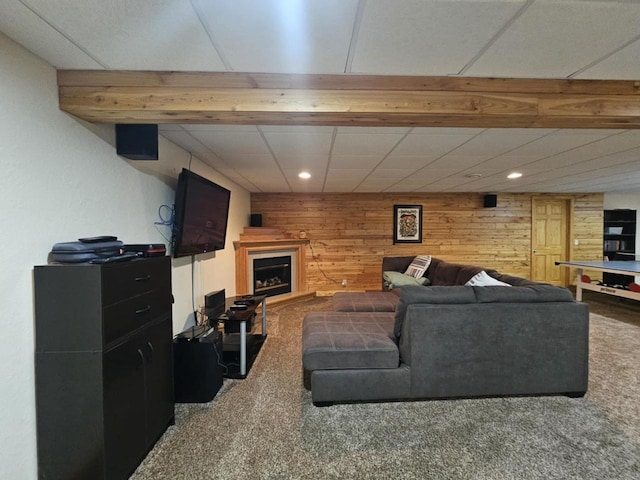 200890 Robin Rd, Marshfield, WI 54449 - carpeted living room featuring recessed lighting, wood walls, and a fireplace