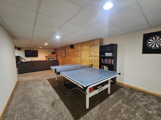 200890 Robin Rd, Marshfield, WI 54449 - recreation room with wooden walls, carpet floors, a drop ceiling, and recessed lighting