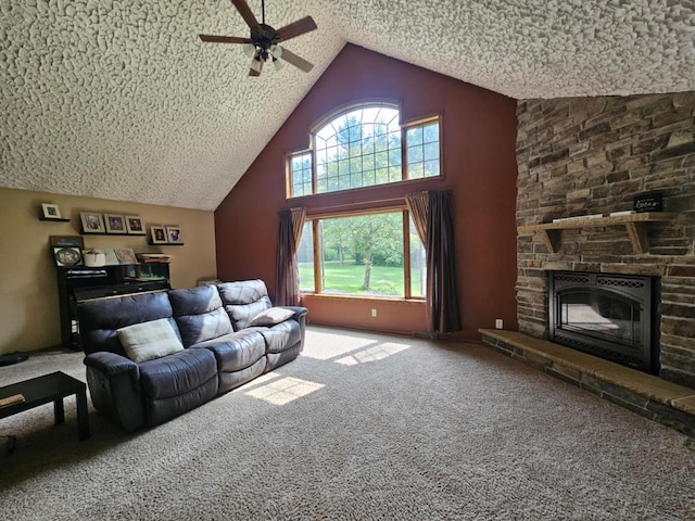 200890 Robin Rd, Marshfield, WI 54449 - living room featuring carpet flooring, a ceiling fan, a fireplace, and high vaulted ceiling