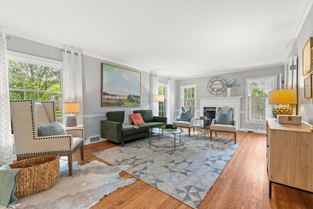 6123 N Berkeley Blvd, Whitefish Bay, WI 53217 - living area featuring healthy amount of natural light, wood finished floors, ornamental molding, and a fireplace