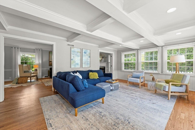 6123 N Berkeley Blvd, Whitefish Bay, WI 53217 - living room featuring wood finished floors, beam ceiling, ornamental molding, coffered ceiling, and a fireplace