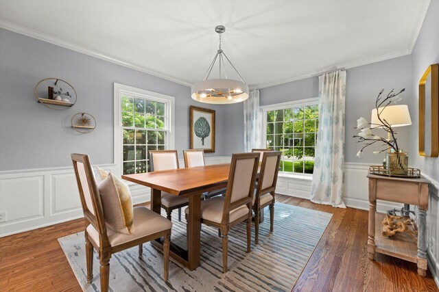 6123 N Berkeley Blvd, Whitefish Bay, WI 53217 - dining area with plenty of natural light, ornamental molding, wainscoting, wood finished floors, and a decorative wall