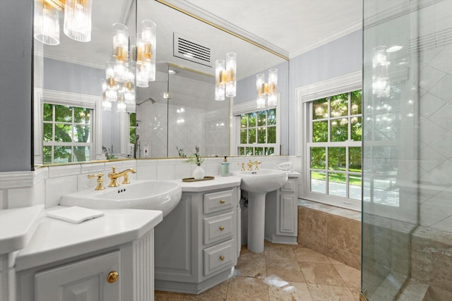 6123 N Berkeley Blvd, Whitefish Bay, WI 53217 - full bath featuring ornamental molding, a chandelier, and tiled shower