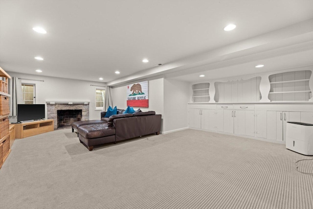 6123 N Berkeley Blvd, Whitefish Bay, WI 53217 - living area with light carpet, recessed lighting, and a fireplace